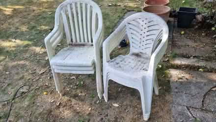 Photo of free Garden chairs (white, plastic) - 7 total (Caversham Heights RG4) #1