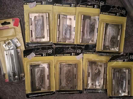Photo of free New in pack (but very old) brass hinges and door chain (Hathershaw OL8) #1