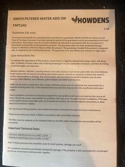 Photo of free Howdens switch filtered water add on (Whitehawk BN2) #2