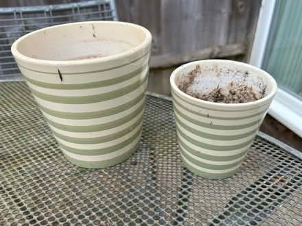 Photo of free Pair of small plant pots, green stripes (Barkham RG41) #1