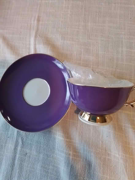 Photo of free Purple 'Bombay Duck' cup and saucer (Fords Farm RG31) #1