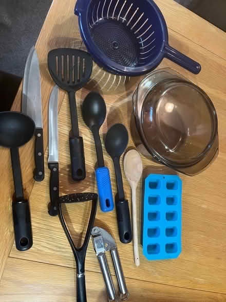Photo of free Kitchen utensils, sieve, Ovenproof glass casserole dish (Black Park LL14) #1