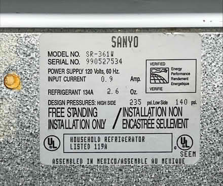 Photo of free Sanyo midsized mini fridge sr-361w (South Evanston) #3