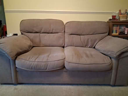 Photo of free 2 x 2 Seater brown sofas and storage foot stall (Foxholes SG13) #1