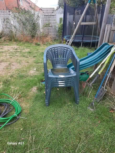 Photo of free 5 x green plastic garden chairs. (Cronkinson Farm CW5) #1