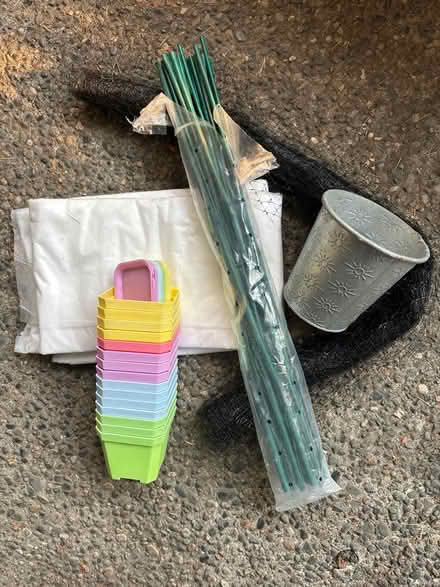 Photo of free Bird netting, fabric, pots (West Seattle) #1