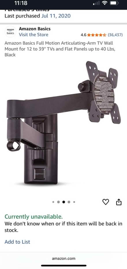 Photo of free Articulating TV mount (Wallingford) #2