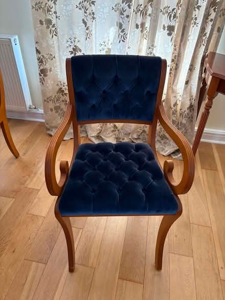 Photo of free 6 dining chairs, wood, blue velvet (Nunhead) #1