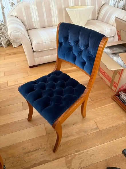 Photo of free 6 dining chairs, wood, blue velvet (Nunhead) #2