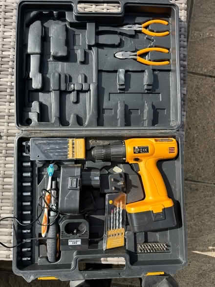 Photo of free Cordless drill set with two (old) batteries, loads of bits (Woodley RG5) #1