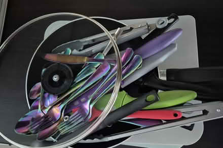 Photo of free Frying pan with lid and mixed cutlery (Chellaston DE73) #1