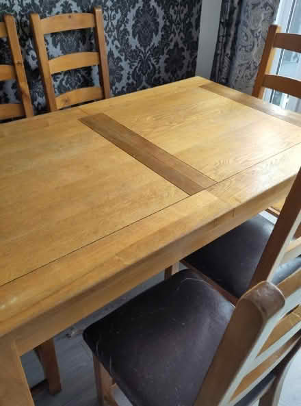Photo of free oak dining table and chairs (Huyton Quarry L36) #2
