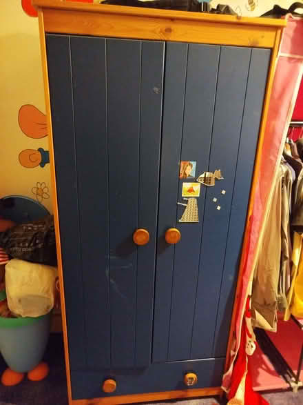 Photo of free Wardrobe, wood/blue, sturdy,Dr.Who stickers & some scratches (Puckeridge SG11) #2