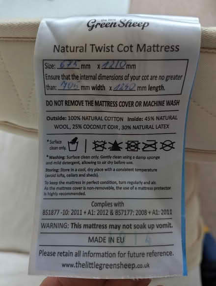 Photo of free Green sheep Cot Mattress (Strawberry Hill TW1) #3