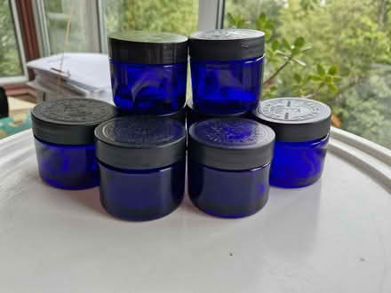 Photo of free Small empty blue glass jars with lids (Shirley CR0) #1