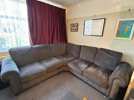 Photo of free Grey velvet L shaped sofa (Hook KT9) #1