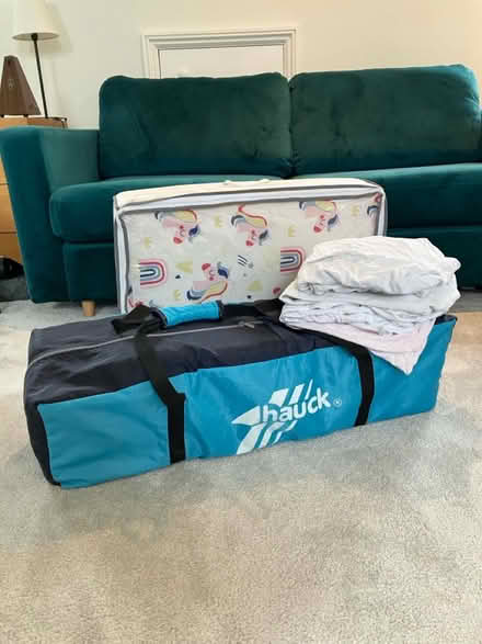 Photo of free Travel cot with mattress & sheets (Bishops Waltham SO32) #1