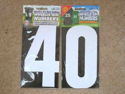 Photo of free White Wheelie Bin Numbers 4 and 0 (East Lavant PO19) #1