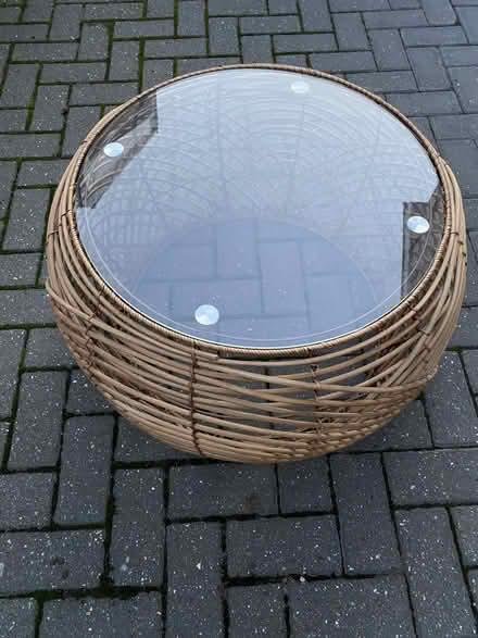 Photo of free Round glass topped wicker coffee table (Horkesley Heath CO4) #3