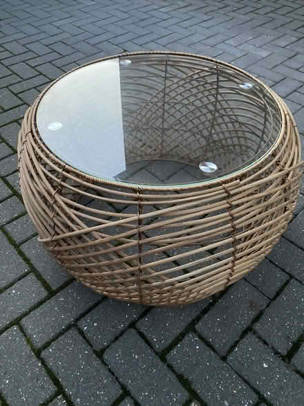 Photo of free Round glass topped wicker coffee table (Horkesley Heath CO4) #2