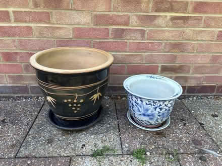 Photo of free Two Ceramic Pots and Saucers (Hartley Wintney RG27) #1