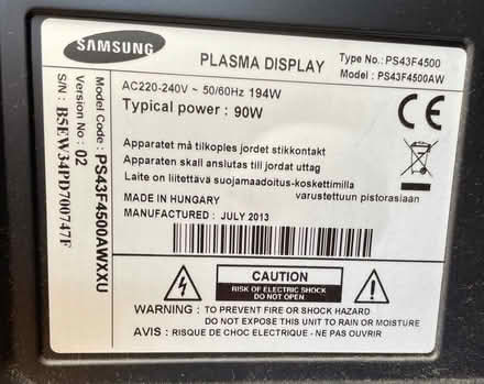 Photo of free 43” Samsung plasma TV (WV5 7AX) #2