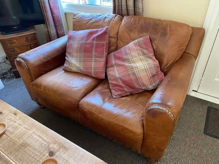 Photo of free 2 x 2 Seater Tan Leather Sofas (Sutton Bonington CP LE12) #1
