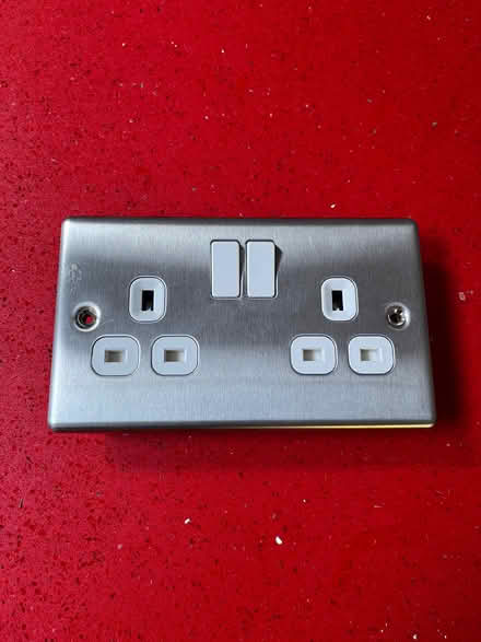 Photo of free Brushed steel double socket and single switch (De Parys MK40) #3