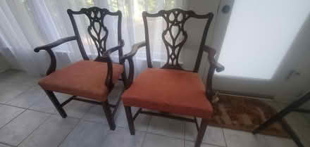 Photo of free Wooden upholstered chairs x 2 (Leesville Rd) #1