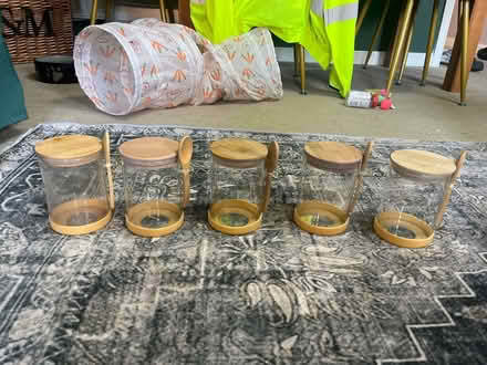 Photo of free 5 glass jars with wooden spoons (RG2 Shinfield) #1