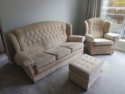 Photo of free Sofa, Armchair, and footrest beige chenille (Weybridge KT13) #1