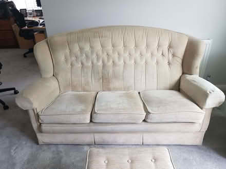 Photo of free Sofa, Armchair, and footrest beige chenille (Weybridge KT13) #2