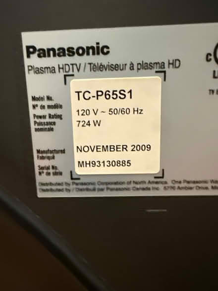 Photo of free 65” Panasonic Plasma TV (North Cambridge) #2