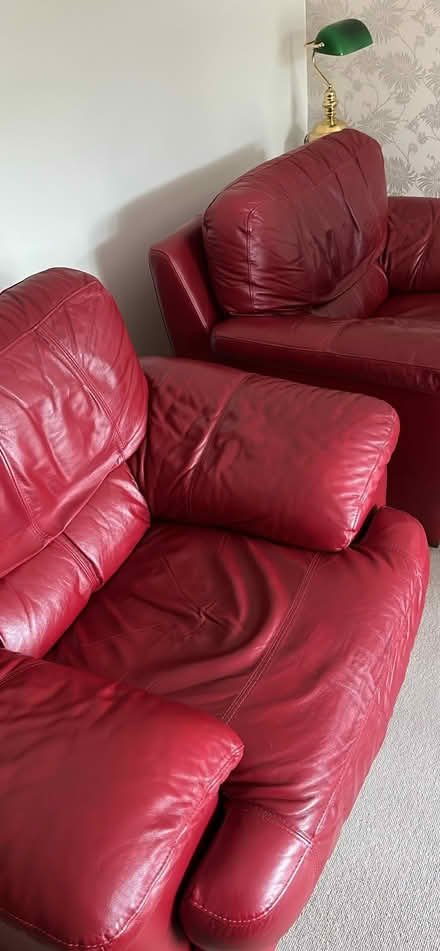 Photo of free Claret Red Leather Sofa & 2 x Matching Chairs (Bomere Heath SY4) #2