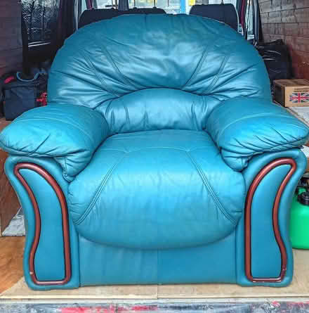 Photo of free 2 large comfy green leather arm chairs (Hertford Heath SG13) #1