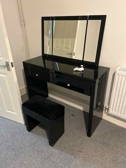 Photo of free Black dressing table with mirror, stool + 2 bedside tables (Raynes Park SW20) #1