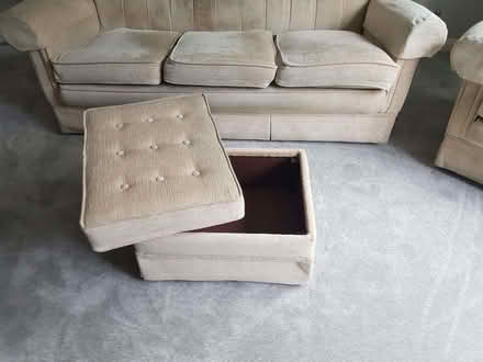 Photo of free Sofa, Armchair, and footrest beige chenille (Weybridge KT13) #3