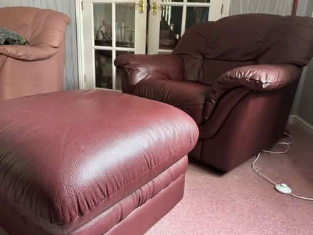 Photo of free Red wine/oxblood leather armchair and ottoman (Stretton WA4) #1