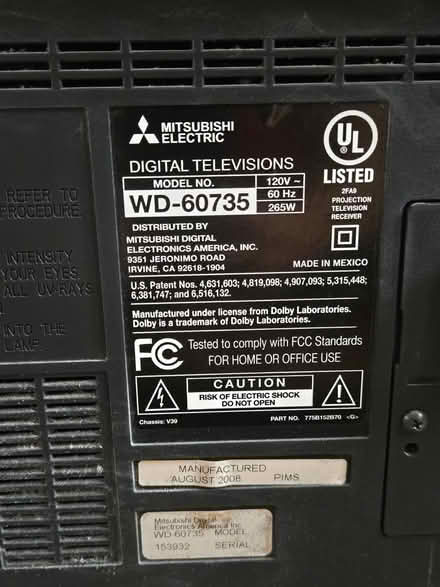 Photo of free 60" Mitsubishi Rear Projection TV (Slidell, Eden Isles area) #2