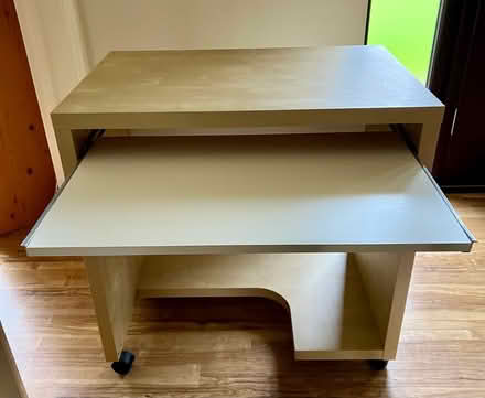 Photo of free Free standing desk with pull out keyboard shelf (Knotty Green HP9) #2