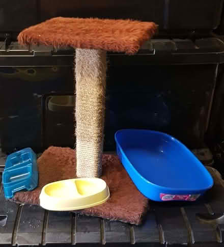 Photo of free Cat scratching post, litter tray and 2 plastic food bowls (Lambridge) #1