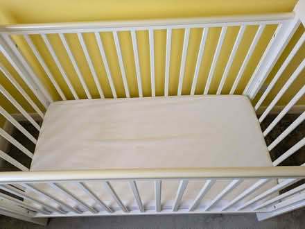 Photo of free White John Lewis Cot, mattress and sheets (Bishopton Hamlet CV37) #1