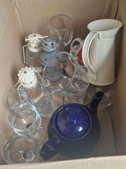 Photo of free box of random bits - glasses/teapot/metal jug etc. to go as (Spinney Hill) #1