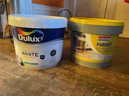 Photo of free Big 10l tubs of matt white paint and parquet adhesive (Barnsbury N1) #1
