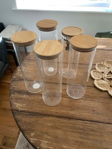 Photo of free 5 tall glass storage jars (HR4 8lg) #1