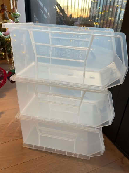 Photo of free Set of three sturdy stacking plastic storage bins (Wandsworth SW18) #1