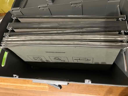 Photo of free Portable filing box, grey plastic with extendable front opening and some hanging files. (Jersey Farm AL4) #3