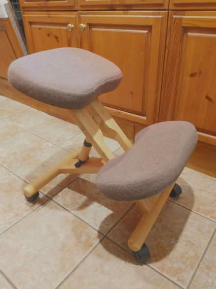 Photo of free Kneeling chair, pale wood with fawn upholstery (Woodheys Parks M33) #1
