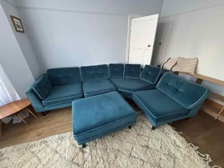 Photo of free Blue velvet 4 seater sofa plus footstool IN NEED OF NEE HOME (Acton W5) #1