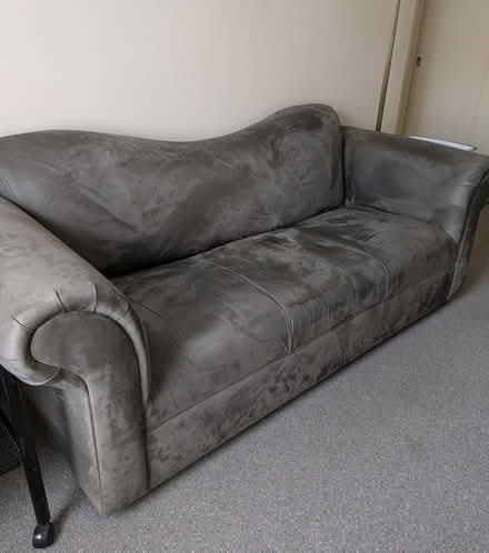 Photo of free Gray faux suede sofa (140 Bassett St at Ellis St.) #1